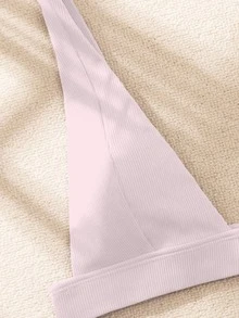 Ribbed V Neck Bikini Top, For Summer Beach Vacation - Pink - View 5