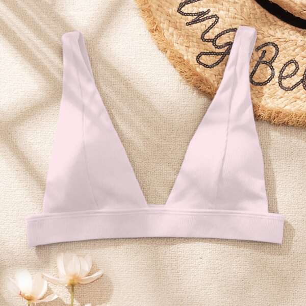 

Ribbed V Neck Bikini Top, Pink