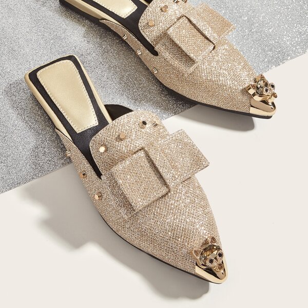 

Metallic Spiked & Bow Decor Flat Mules, Gold