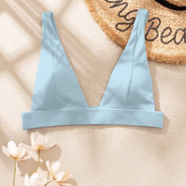

Ribbed V Neck Bikini Top, Baby blue