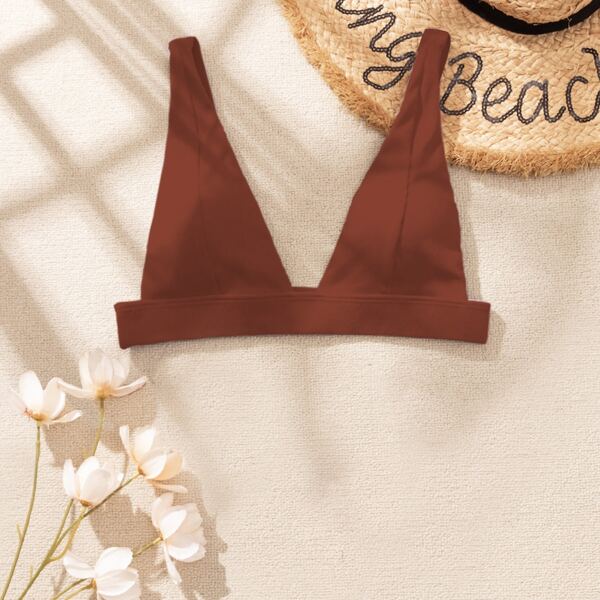 

Ribbed V Neck Bikini Top, Rust brown