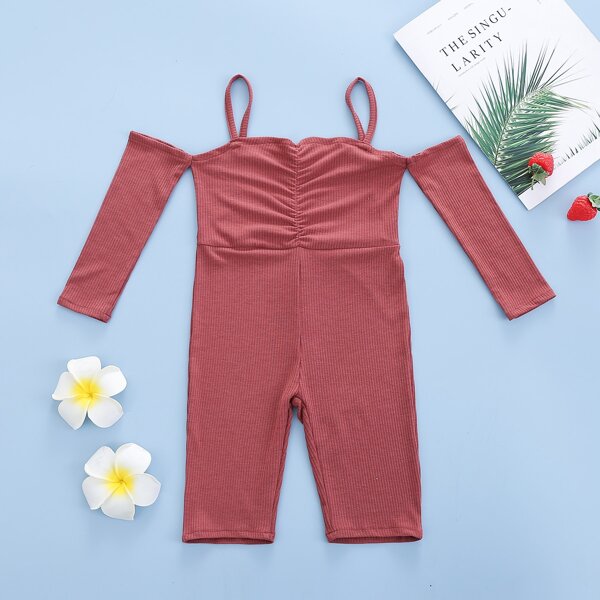 

Toddler Girls Cold Shoulder Ruched Solid Romper, Redwood