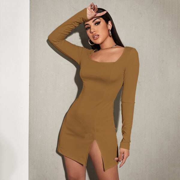 

Square Neck Slit Hem Rib-knit Dress, Mocha brown