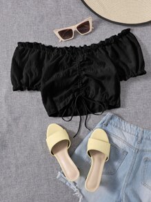SHEIN Unity Frilled Off Shoulder Ruched Drawstring Top - Black - View 1