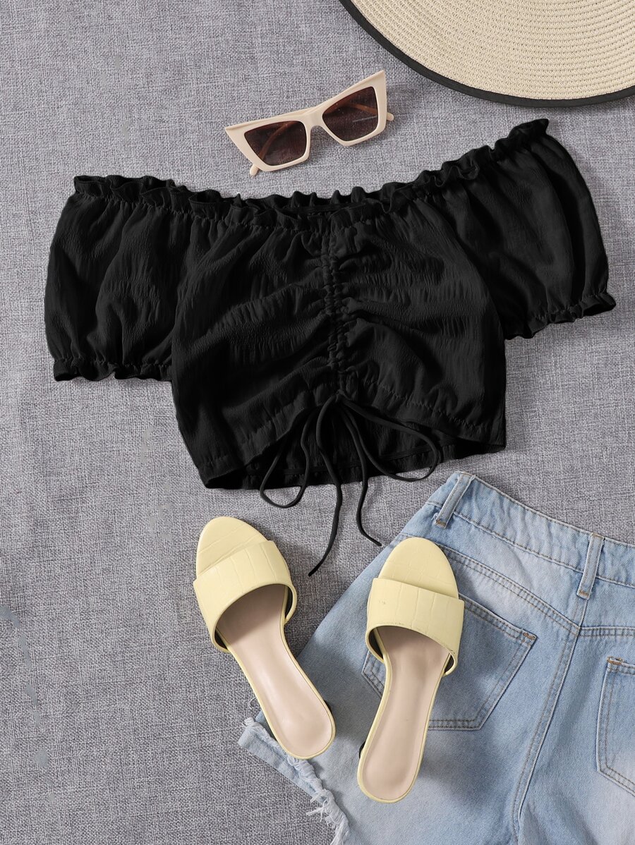 SHEIN Unity Frilled Off Shoulder Ruched Drawstring Top - Black - View 1