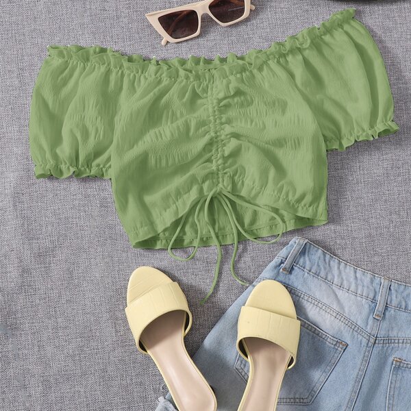 

Frilled Off Shoulder Ruched Drawstring Top, Mint green