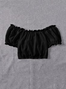 SHEIN Unity Frilled Off Shoulder Ruched Drawstring Top - Black - View 2