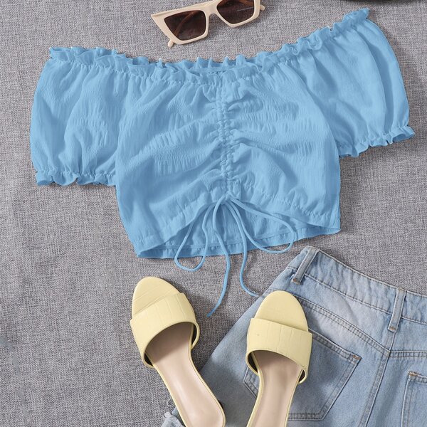 

Frilled Off Shoulder Ruched Drawstring Top, Baby blue