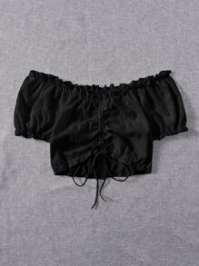 SHEIN Unity Frilled Off Shoulder Ruched Drawstring Top - Black - View 5