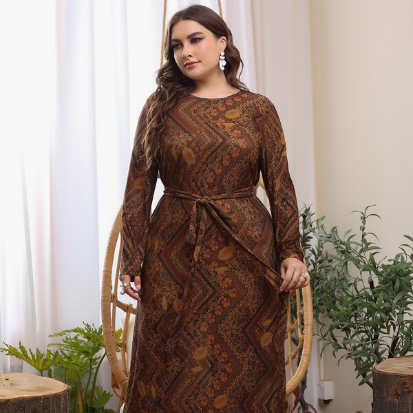 

Plus Floral Print Self Tie Maxi Dress, Coffee brown