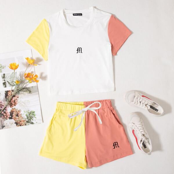 

Letter Embroidery Colorblock Tee & Track Shorts Set, Multicolor