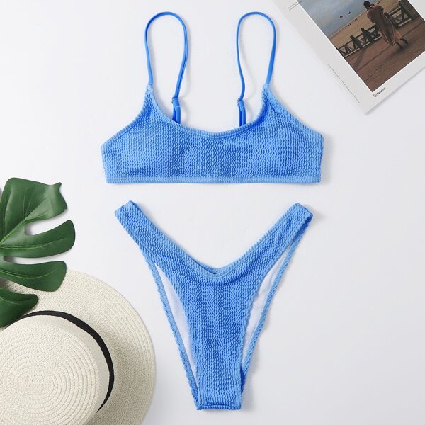 

Textured High Cut Bikini Swimsuit, Blue