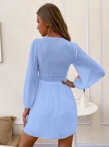 SHEIN Frenchy 布點點燈籠袖A字型連衣裙 - 藍色 - 查看 2