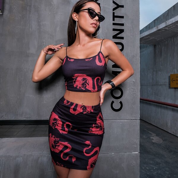 

Chinese Dragon Print Cami Top & Skirt Set, Multicolor