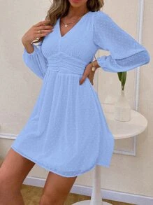 SHEIN Frenchy 布點點燈籠袖A字型連衣裙 - 藍色 - 查看 5