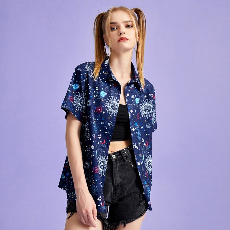 

Sun & Moon Graphic Button Front Blouse, Multicolor
