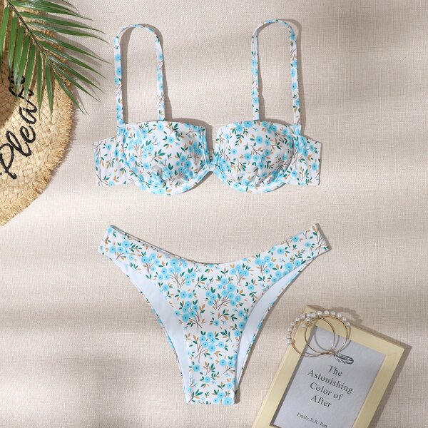 

Ditsy Floral V Wired Underwire Bikini Swimsuit, Multicolor