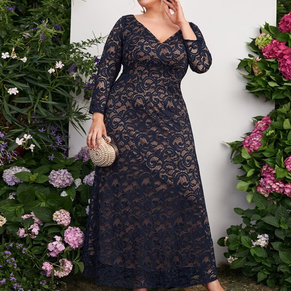

Plus V Neck Lace Overlay Maxi Dress, Navy blue