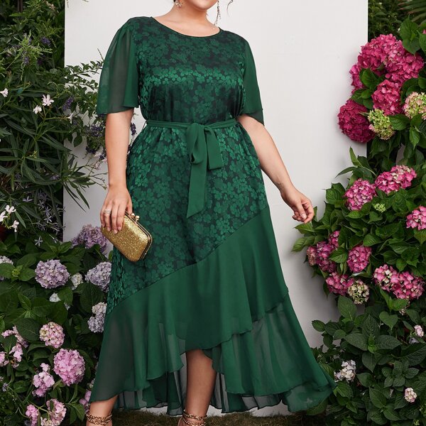 

Plus Floral Wrap Ruffle Belted A-line Dress, Dark green