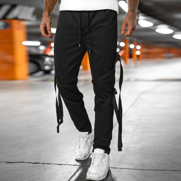 

Men Solid Buckle Tape Drawstring Waist Pants, Black