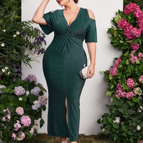 

Plus Twist Front Cold Shoulder Split Hem Prom Dress, Dark green