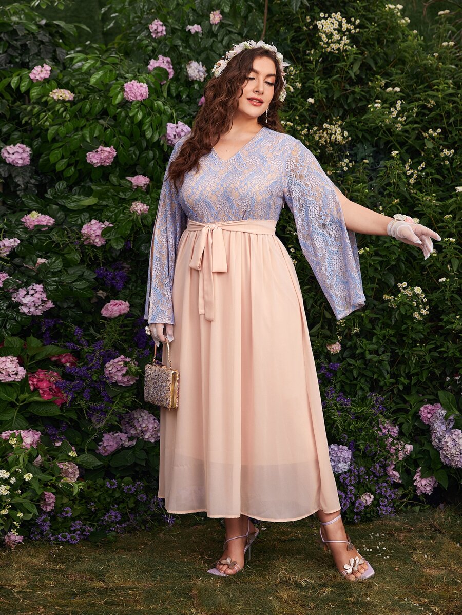 Modelyn Plus Two Tone Belted Split Sleeve A-line Dress - Multicolor - View 1