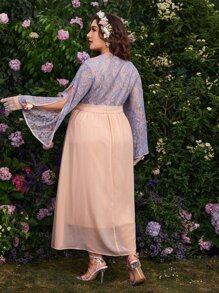 Modelyn Plus Two Tone Belted Split Sleeve A-line Dress - Multicolor - View 2