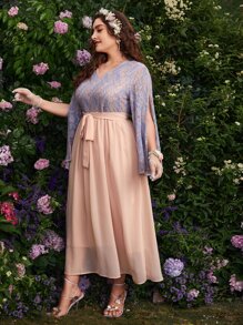 Modelyn Plus Two Tone Belted Split Sleeve A-line Dress - Multicolor - View 3