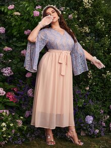 Modelyn Plus Two Tone Belted Split Sleeve A-line Dress - Multicolor - View 4