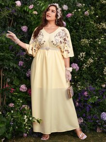 Đầm Plus Size Nghề thêu Hoa Lãng mạn - Màu vàng - Xem 1