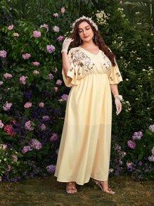 Đầm Plus Size Nghề thêu Hoa Lãng mạn - Màu vàng - Xem 3