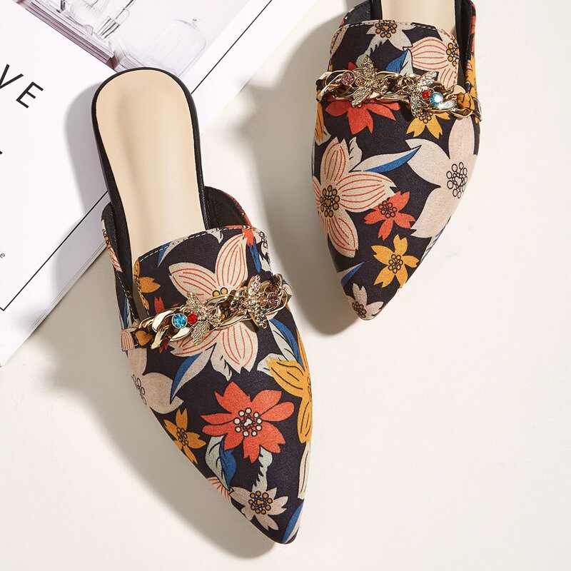 

Metal Bee Decor Floral Flat Mules, Multicolor