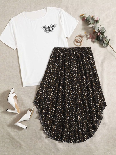 تنورة غير متماثل وبطباعة شامل مقاس كبير