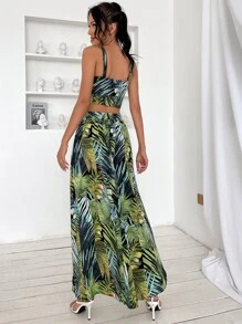 Tropical Print Cami Top & Split Thigh Skirt Set - Green - View 2