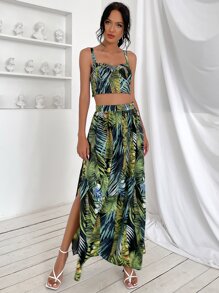 Tropical Print Cami Top & Split Thigh Skirt Set - Green - View 3