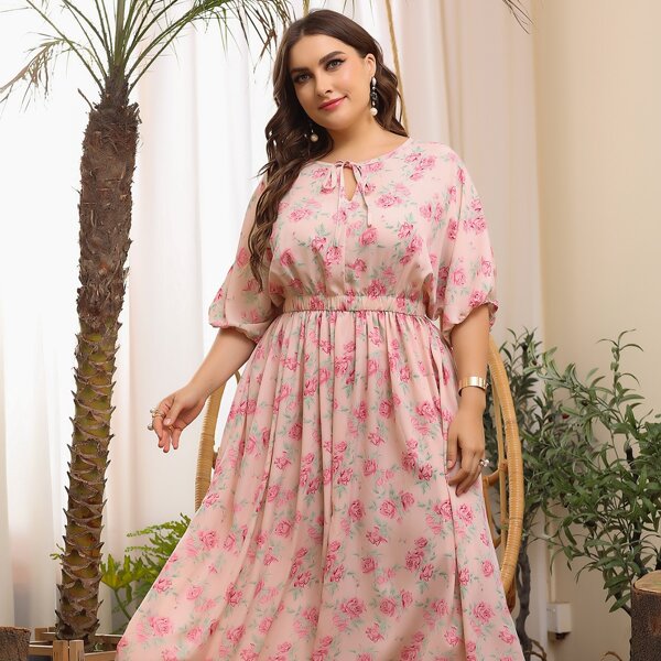 

Plus Allover Floral Tie Neck A-line Dress, Baby pink