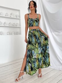 Tropical Print Cami Top & Split Thigh Skirt Set - Green - View 5