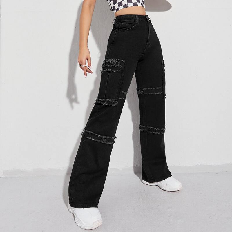 

Light Wash Frayed Trim Boyfriend Jeans, Black