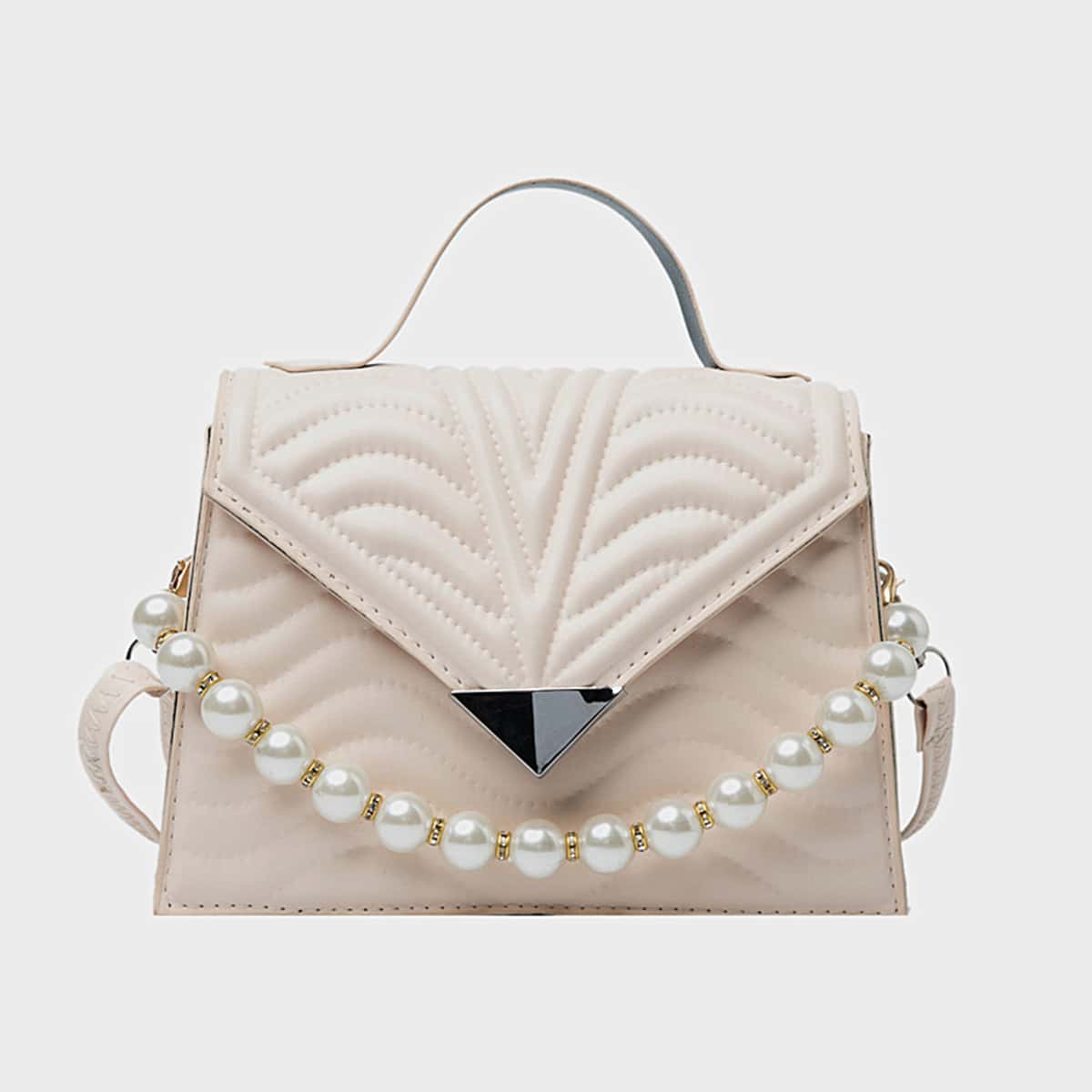 

Faux Pearl Decor Satchel Bag, Beige