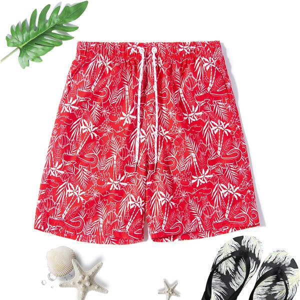 

Men Tropical Print Swim Trunks, Red