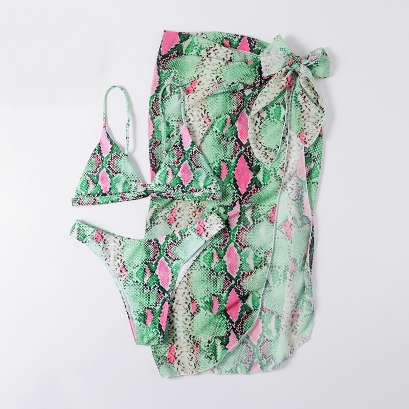 

3pack Snakeskin Triangle Bikini Swimsuit & Beach Skirt, Multicolor
