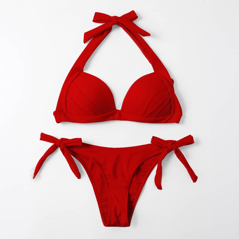 

Halter Push Up Tie Side Bikini Swimsuit, Red