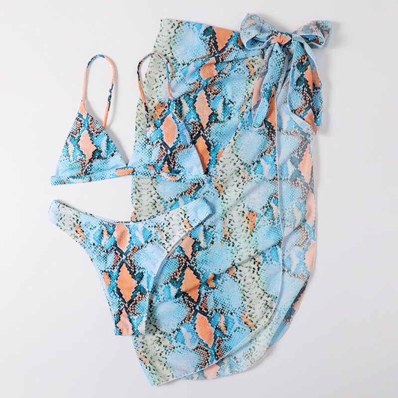 

3pack Snakeskin Triangle Bikini Swimsuit & Beach Skirt, Multicolor