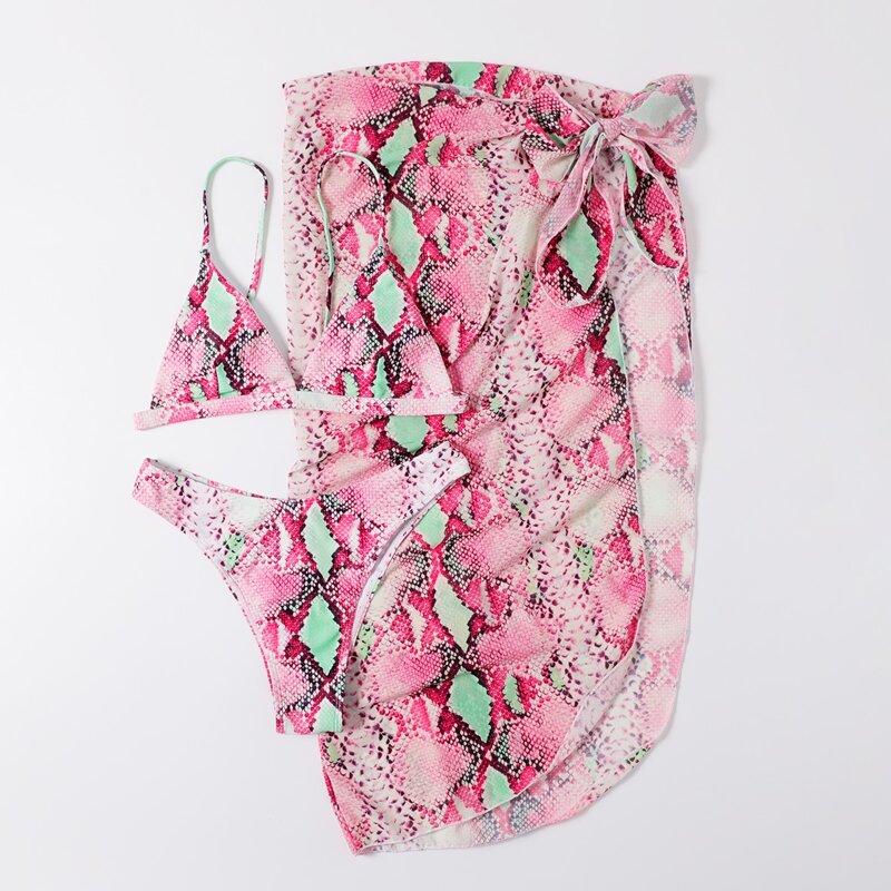 

3pack Snakeskin Triangle Bikini Swimsuit & Beach Skirt, Multicolor