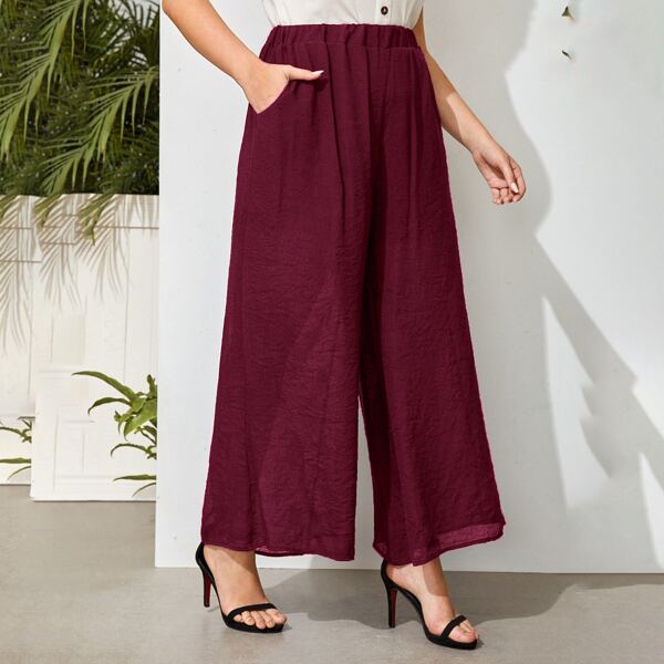 

Plus Slant Pockets Wide Leg Pants, Burgundy