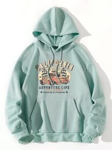 SHEIN Unity 標語圖案袋鼠口袋保暖抽繩連帽衫 - 薄荷綠 - 查看 1