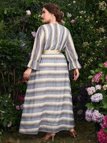 Modelyn 大碼條紋圖案交叉領荷葉邊袖腰帶超長連衣裙 - 彩色 - 查看 2