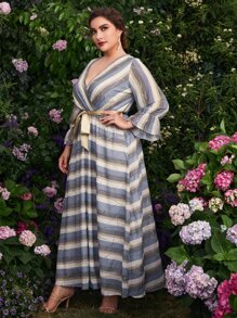 Modelyn 大碼條紋圖案交叉領荷葉邊袖腰帶超長連衣裙 - 彩色 - 查看 5