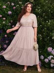 Vestido De Línea A Con Dobladillo De Volante Y Lentejuelas Contrastadas Para Mujeres De Talla Grande