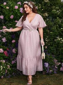 Modelyn Vestido De Manga Murciélago Con Cuello Cruzado Para Mujer Plus, Con Dobladillo Con Volantes Y Sin Cinturón - Rosa Pálido - Ver 1